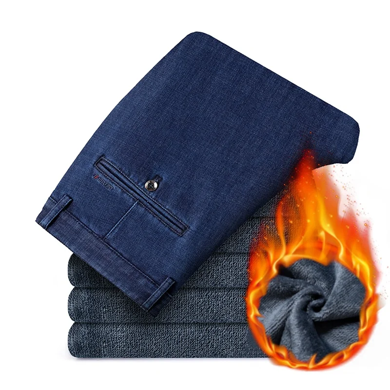 

Классические мужские деловые повседневные толстые джинсы, зимние флисовые теплые прямые джинсовые брюки с высокой талией, бархатные шорты на подкладке, черные