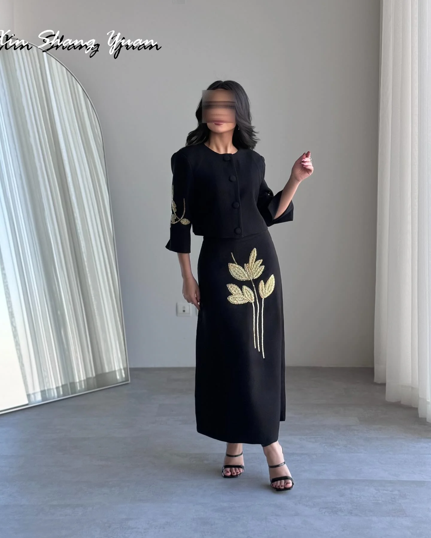 Vestido de noche personalizado, Jersey exquisito, cuello redondo, mangas 3/4, vestidos de graduación, delicados, corte en A, hasta el tobillo, botones, vestidos de fiesta