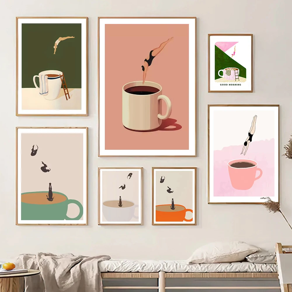 Abstract Coffee Cup Diving Figure Art Posters Print Modern Simple Nordic Style Fun Coffee Diving Canvas Painting Cafe Home De