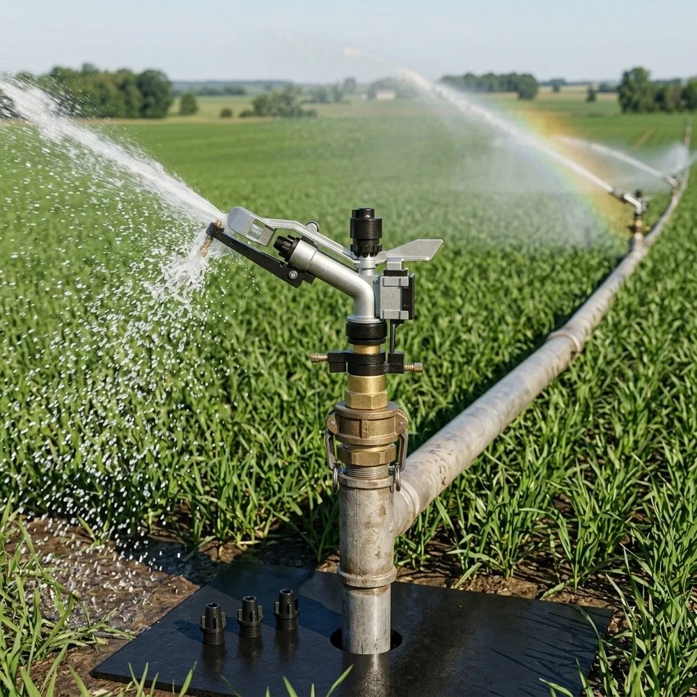 Adjustable rotating sprinkler for agricultural use with 1 inch inlet 20m to 26m spray range and 7-10.2m3/h output