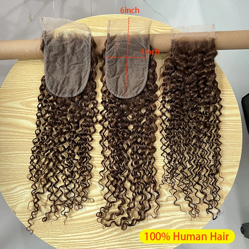 

#4 Brown Colored 4X6 Deep Curly Transparent Lace Clousre Only Melt Skins 100% Human Hair Vietnamese Virgin Hair Pre Plucked