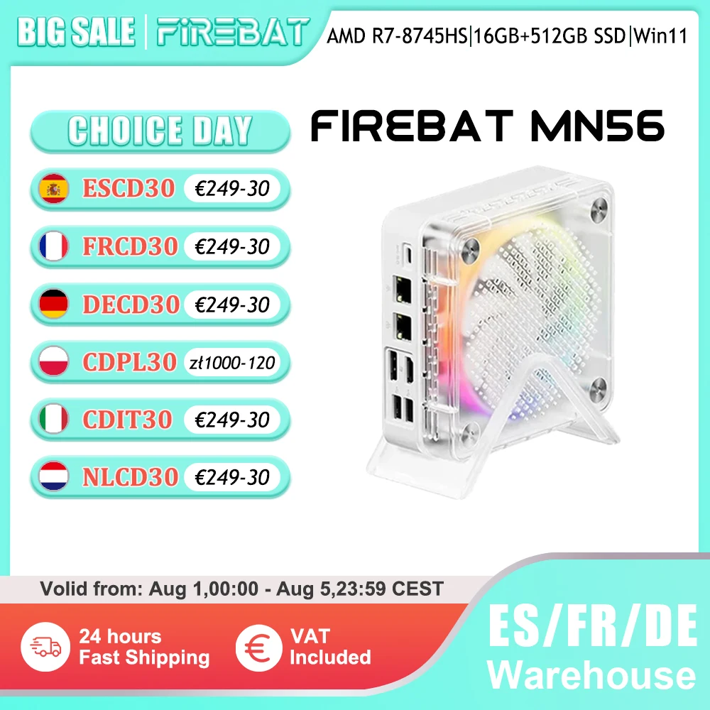 FIREBAT-MINI PC MN56, ordenador de escritorio con procesador AMD R7-8745HS, Windows 11, DDR5, 16GB + 512GB SSD, 8 núcleos, BT 5,2, WIFI6, HDMI, TYPE-C, USB