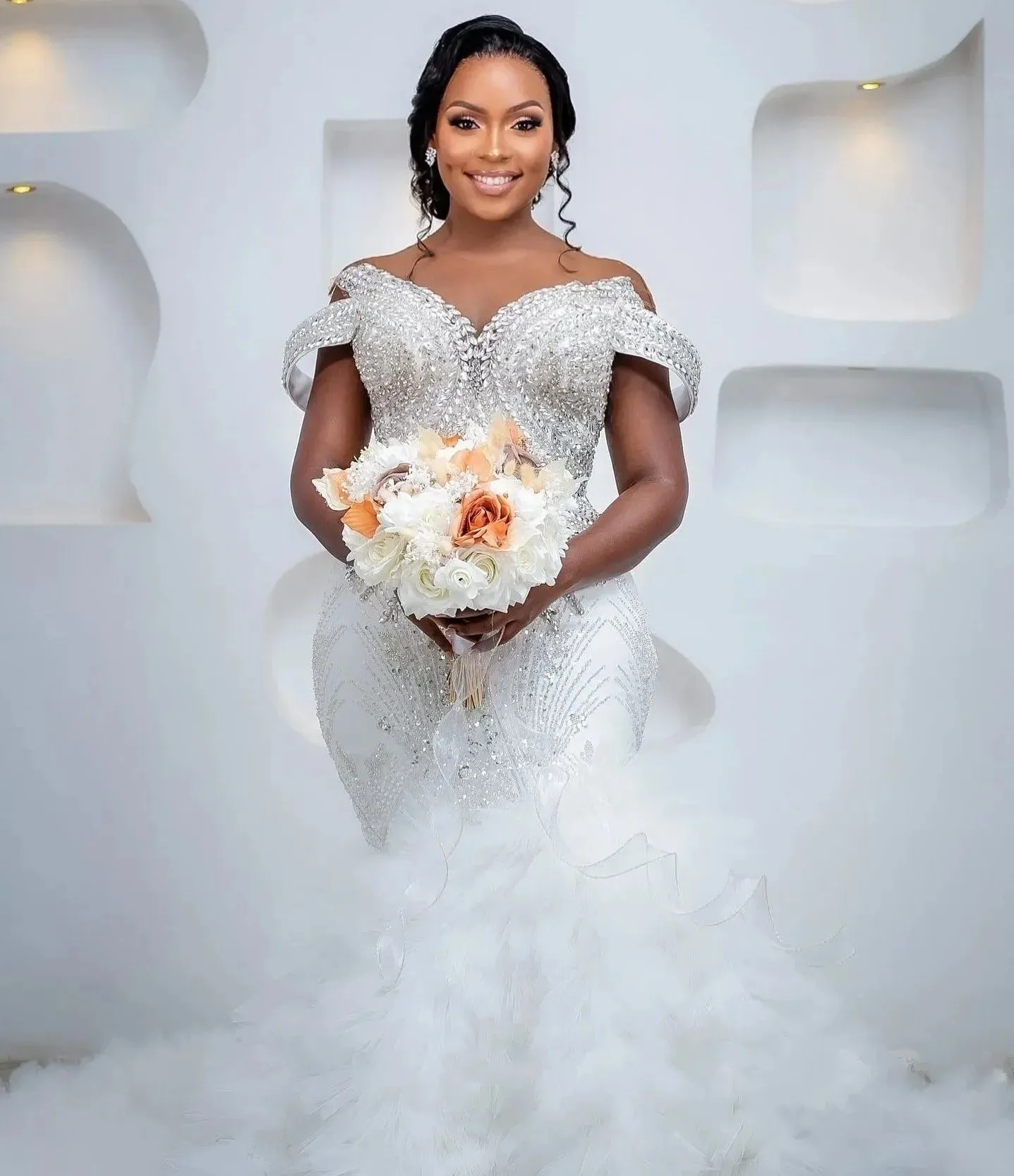 فستان زفاف حورية البحر فاخر 2026 رقبة شفافة مرصع بأحجار الراين ترتر طبقات كشكشة تول فستان زفاف العروس العربية Aso Ebi Vestidos #5