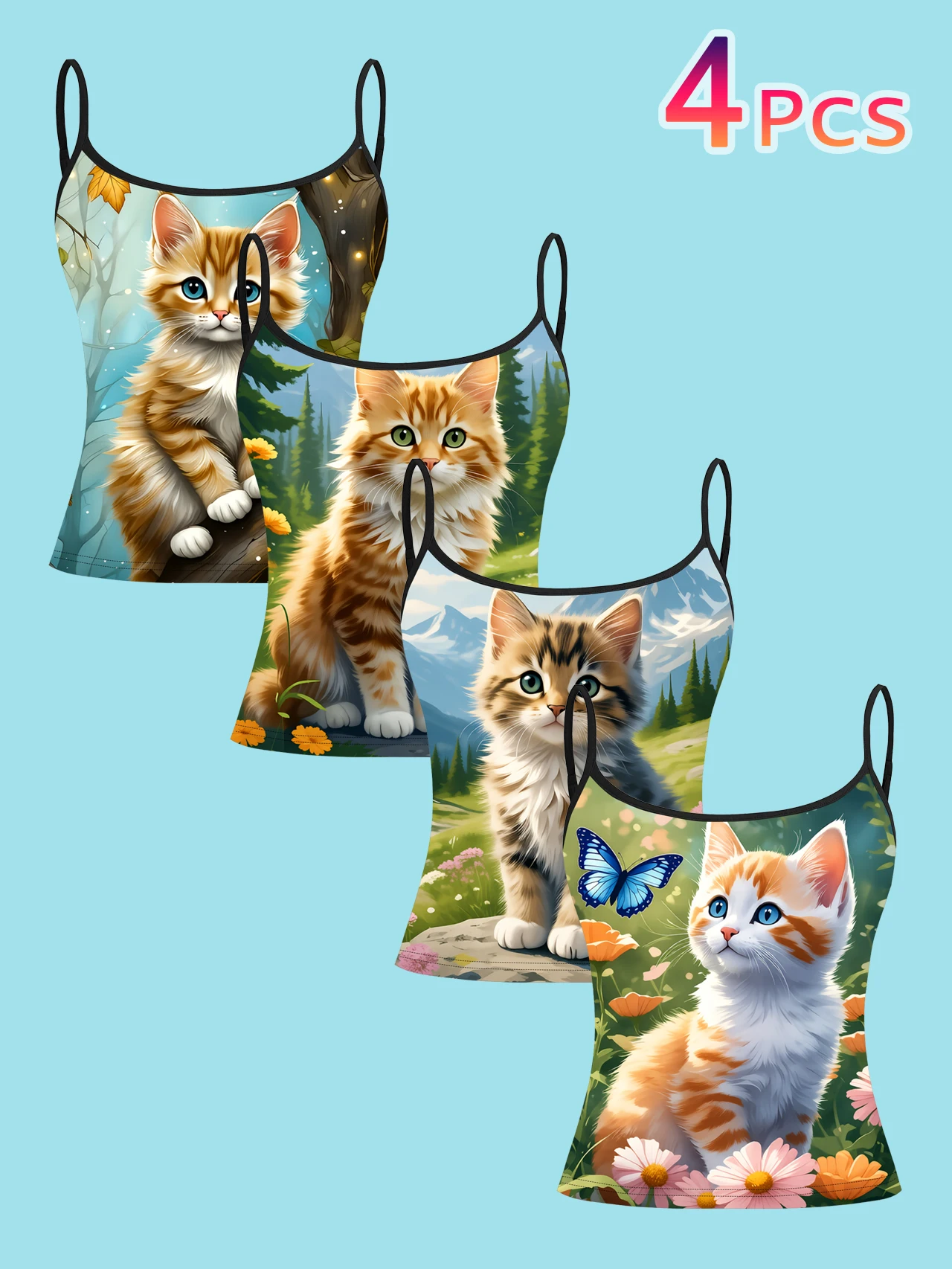 4-Pack of Women's Healing Cute Cat Print Camisoles, Pastoral Forest Kitten Cute Animal Slim-Fit Spaghetti Strap Inner Tops