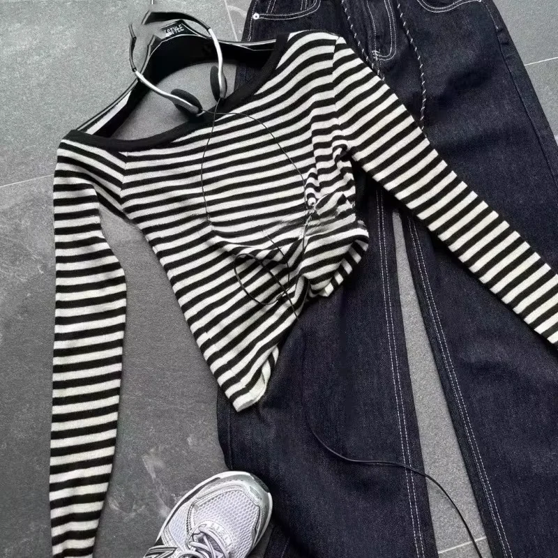 

2025 женская модная полосатая футболка с открытыми плечами и длинными рукавами Y2K, летняя сексуальная футболка с талией и верхом