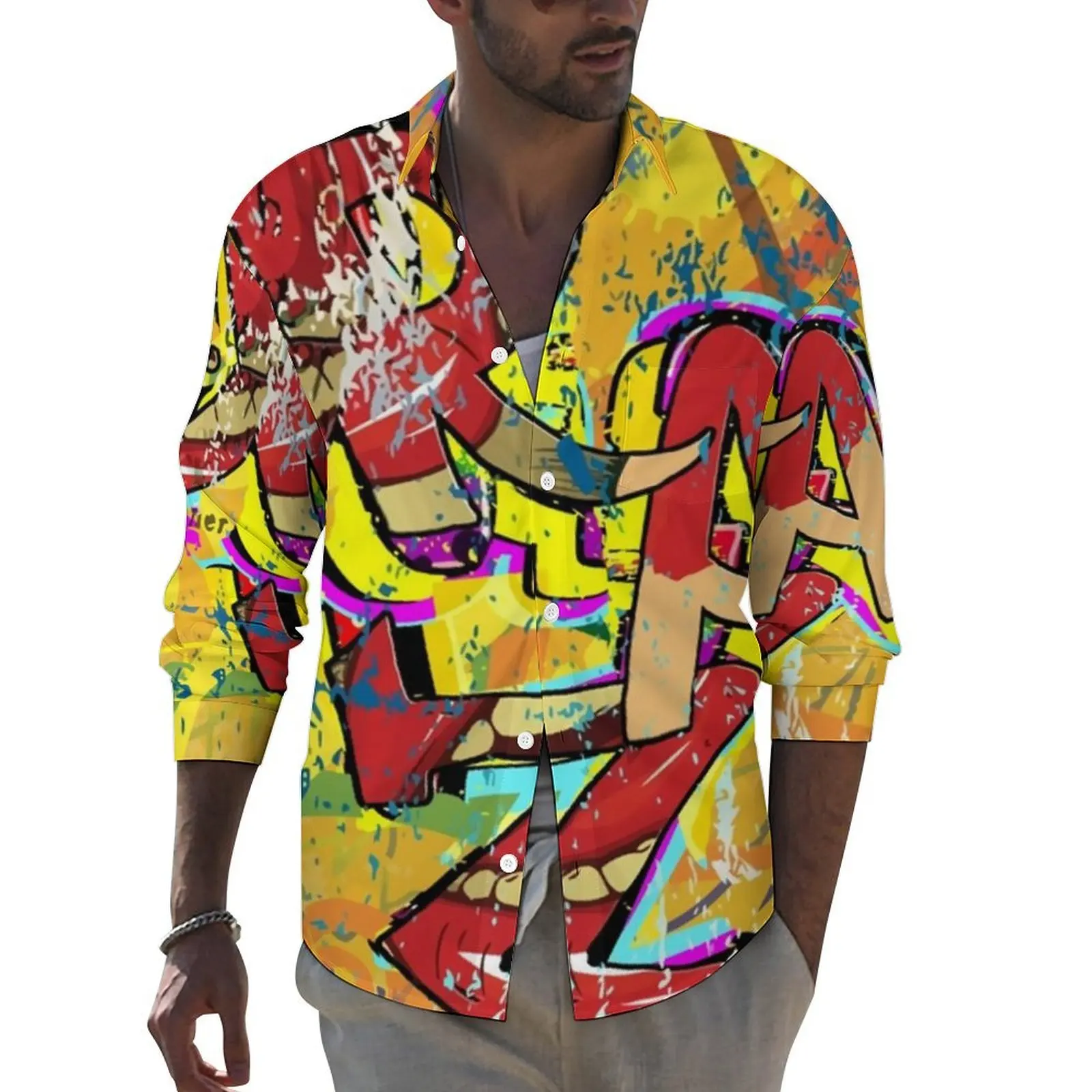 

Abstract Letters Funny Casual Shirt Male Insane Graffiti Print Shirt Spring Retro Blouses Long Sleeve Pattern Oversized Clothes