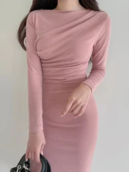 Korean Style Sexy Slim Pink Dresses For Women Long Sleeve Slash Hip Split Fashion Black Dresses Autumn Winter Woman Clothes 2022