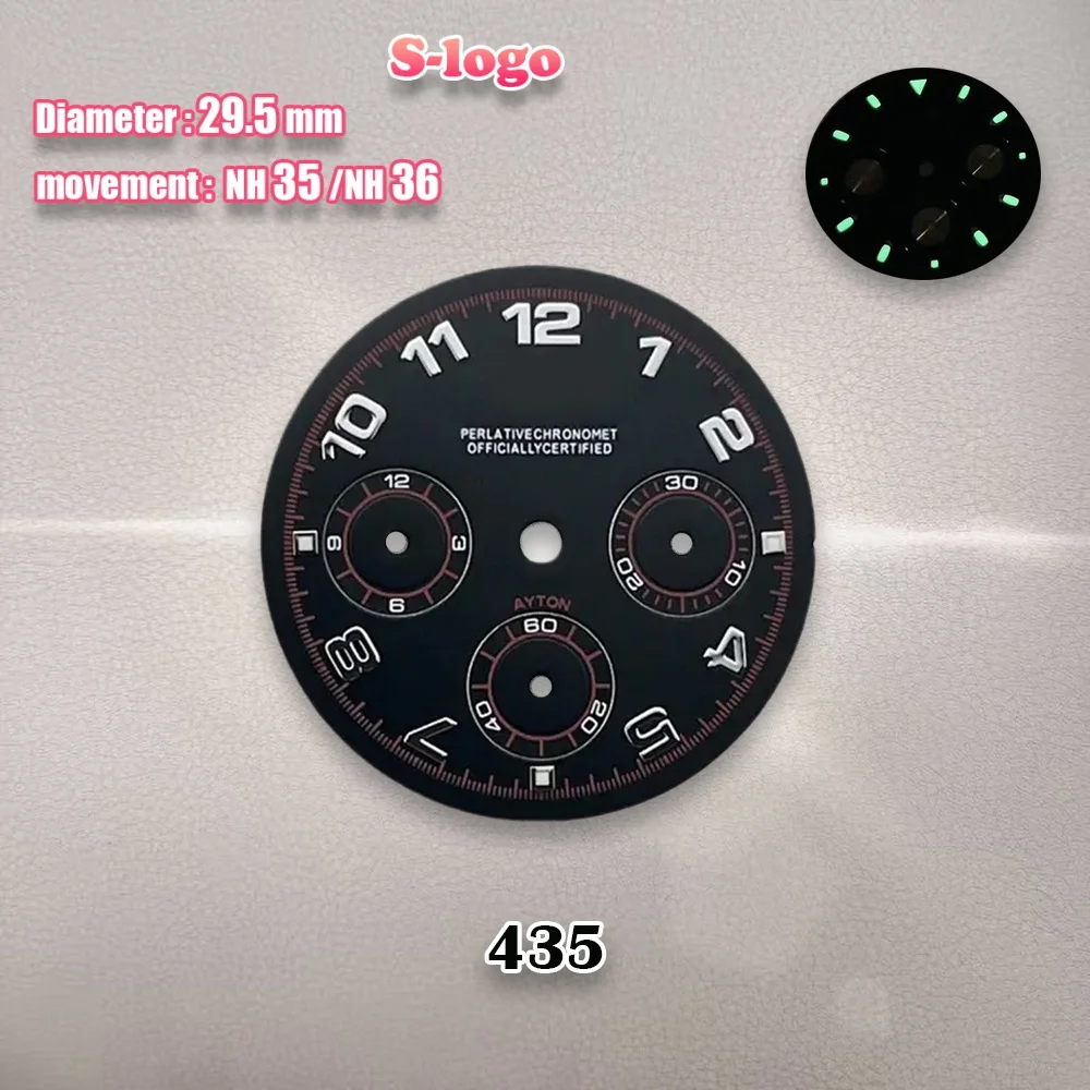 29.5mm S Logo black Panda Meteorite VK63 Dial Movement Green Luminous High Quality Watch Modification Accessories Repair tools