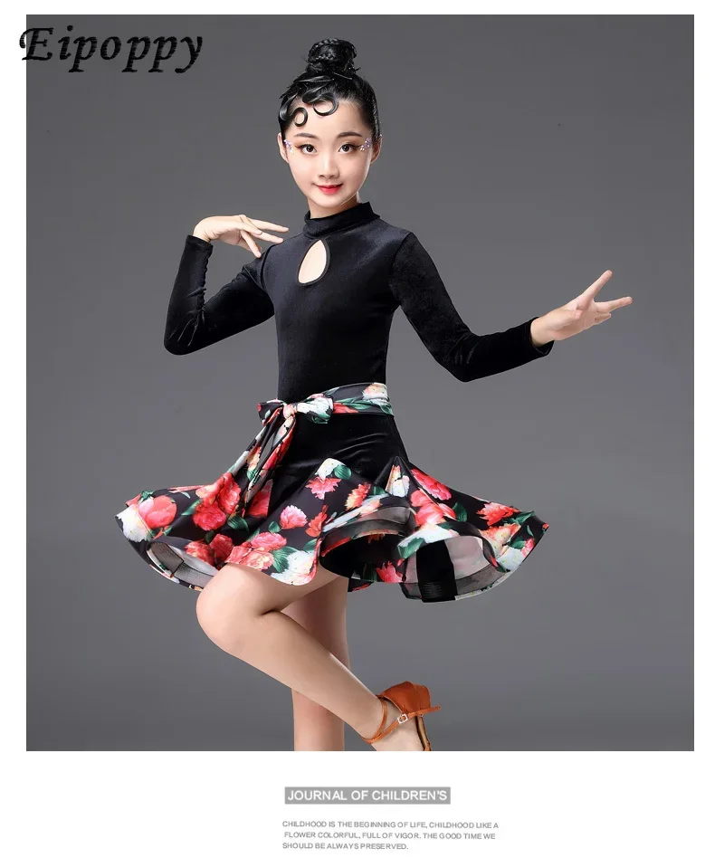 子供のラタンダンスウェア、透明な長袖のグレード、競技パフォーマンススカート