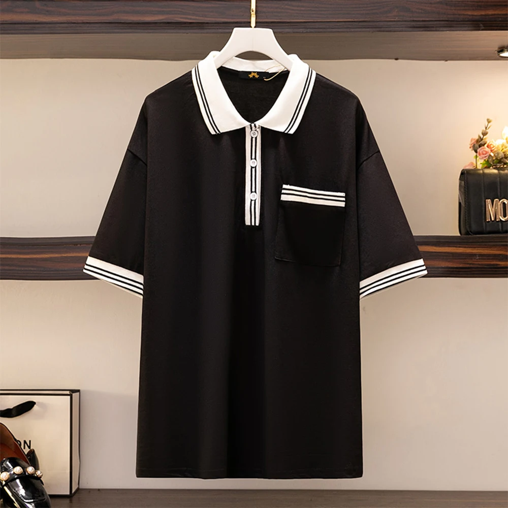 

Plus size women's summer casual short-sleeved T-shirt Black cotton POLO shirt loose comfortable commuter top special promotion