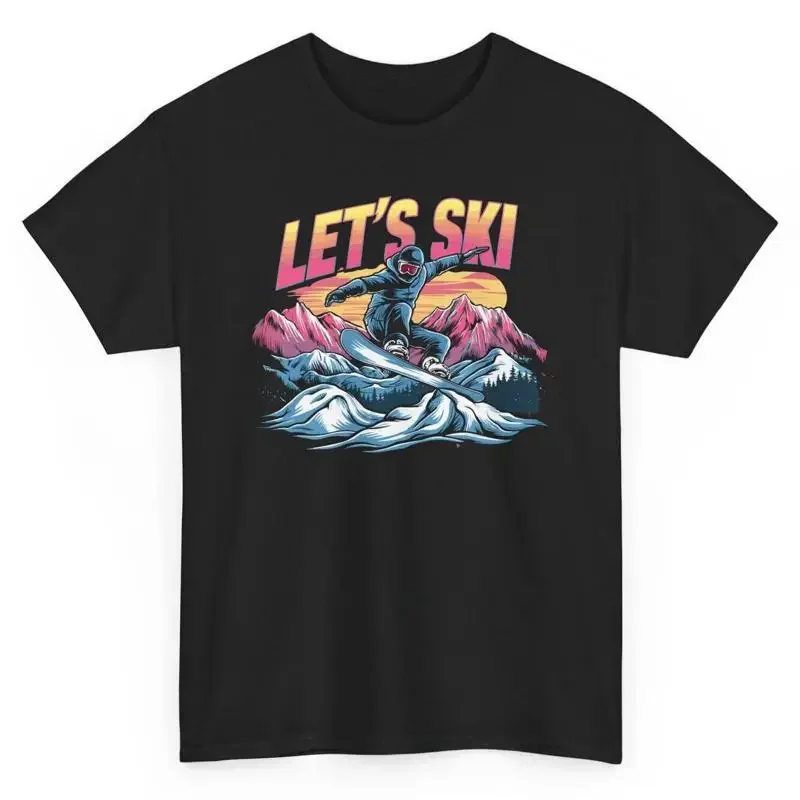 

Let's Ski Snowboard Graphic T-Shirt Retro Sunset Mountains Trip Tee for Men