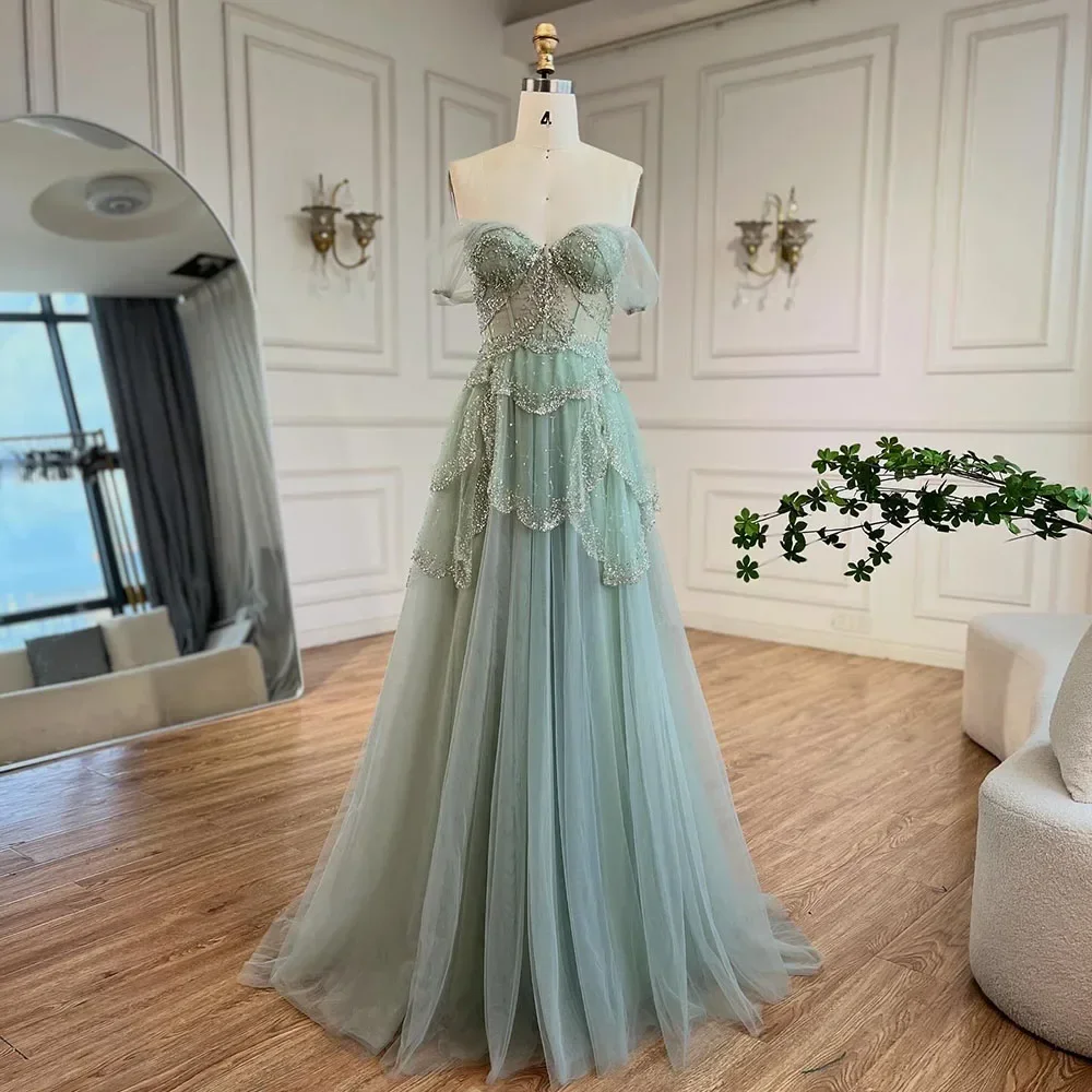 SERENE HILL Customized Arabic Sage Green A-Line Off Shoulder Luxury Beaded Evening Dress Women Wedding Party Gown 2025 CLA72605