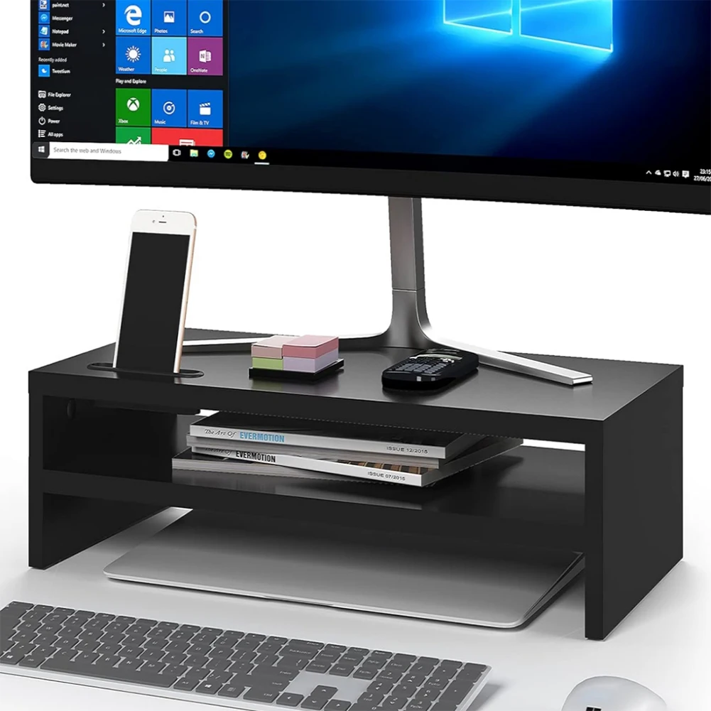 2-Tier Monitor Stand Riser with Storage & Cable Management Monitor Riser Desk Organizer Computer Printer Shelf
