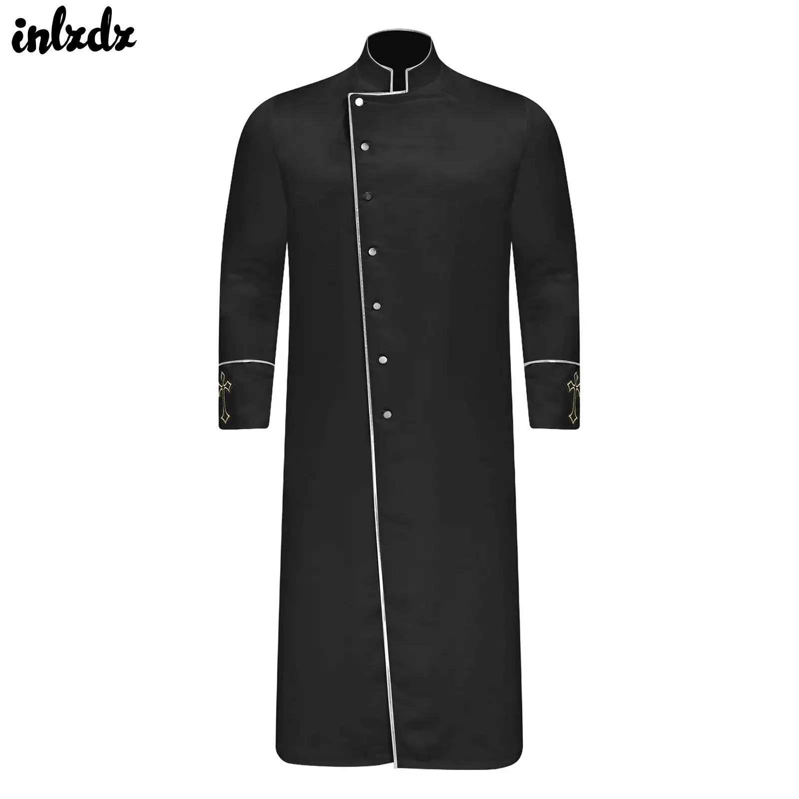 

Mens Metallic Shiny Trim Cassock Jackets Long Sleeve with Cross Embroidery Church Priest Clergy Robe Halloween Cosplay Costume