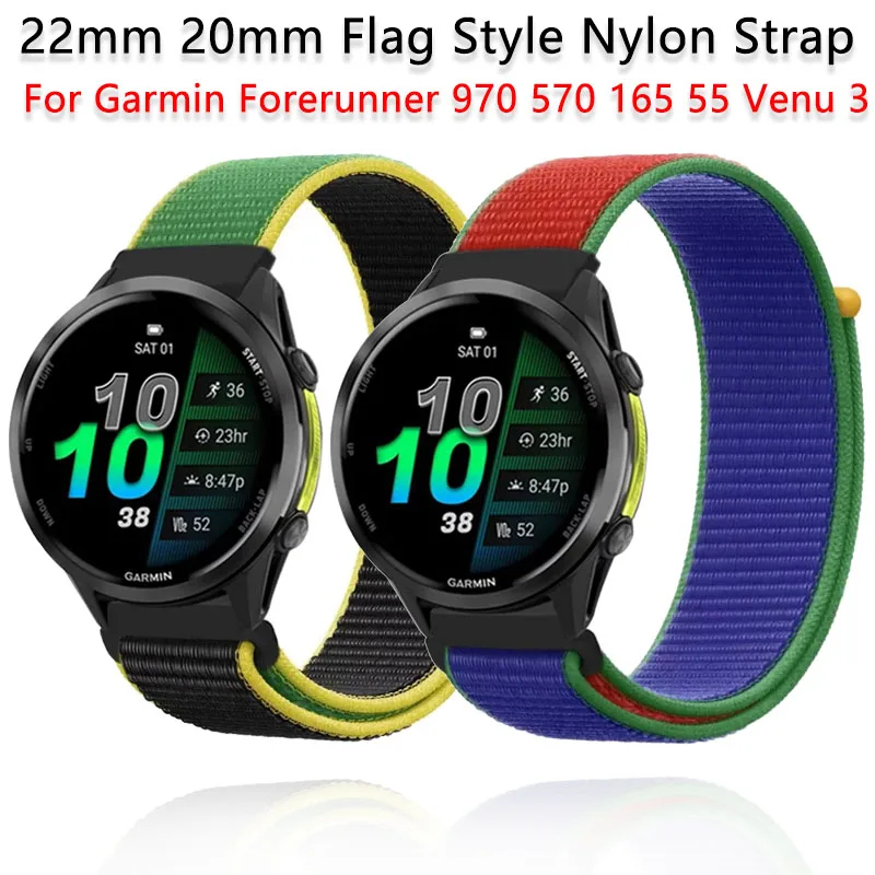 22mm 20mm  Flag Style Nylon Strap For Garmin Forerunner 970 570 165 965 55 Venu 3Bracelet Band Garmin Active 6 Approach S50 Belt