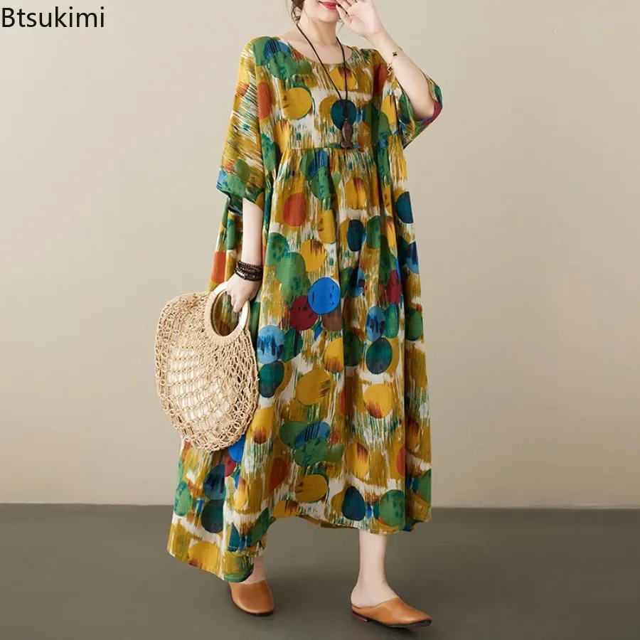 Sommer Boho Stil Kurzarm Vintage Polka Dot Lange Kleider für Frauen Casual Lose Maxi Kleid Elegante Frauen Kleidung Oversize
