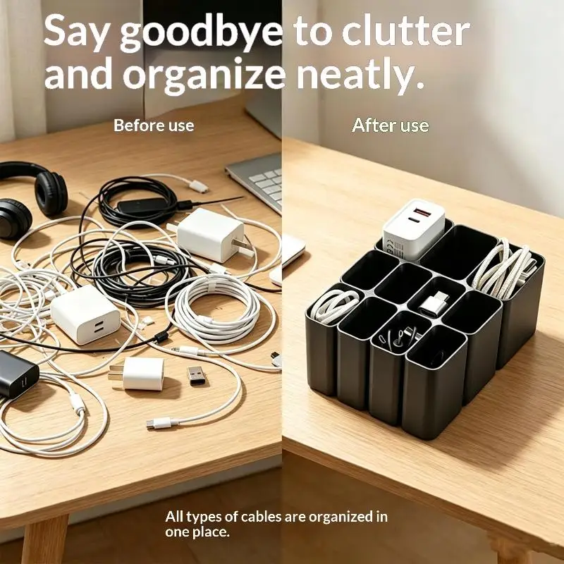Sturdy Plastic Charger Cable Storage Box 12 Separate Compartments Perfect For Home Office Desk Drawer Organization