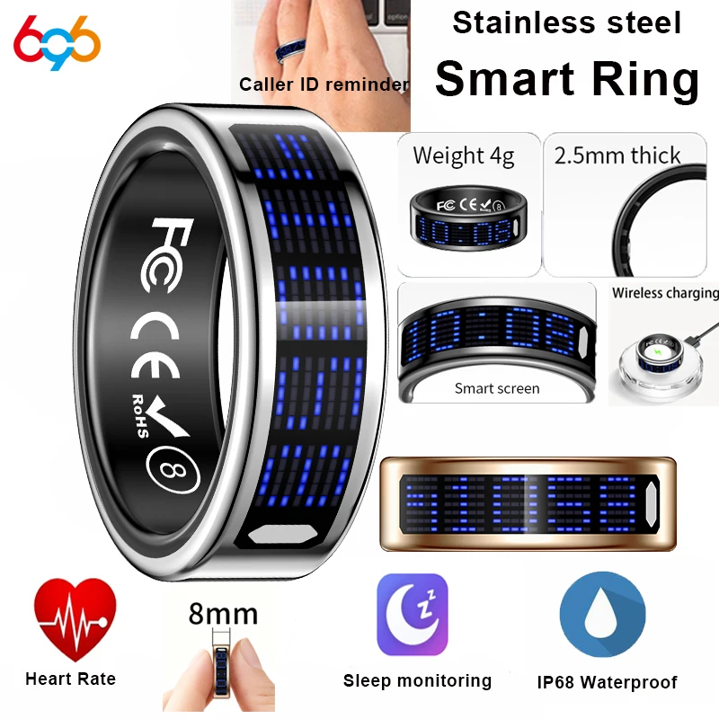 حلقة ذكية رفيعة للغاية وخفيفة الوزن، شاشة عرض متعددة الوظائف، معدل ضربات القلب، النوم، الصحة، معرف المتصل، تذكير، كشف الحركة، مقاوم للماء