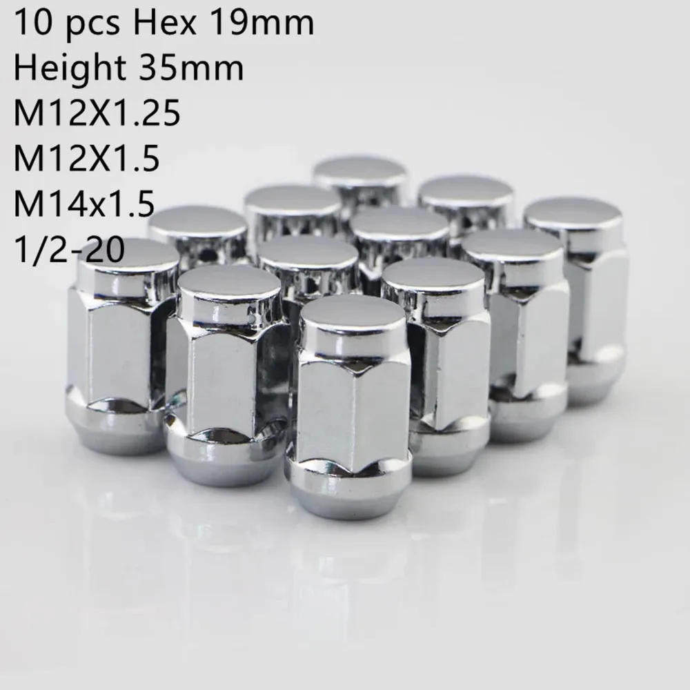 Tuercas de Rueda para Auto, Hexagonales de 19 mm, Longitud 35 mm, M14x1.5, M12x1.5, M12x1.25, Tuercas de Seguridad M14x2, 1/2-20, Cromadas, Cierre Hermético, 10 Piezas