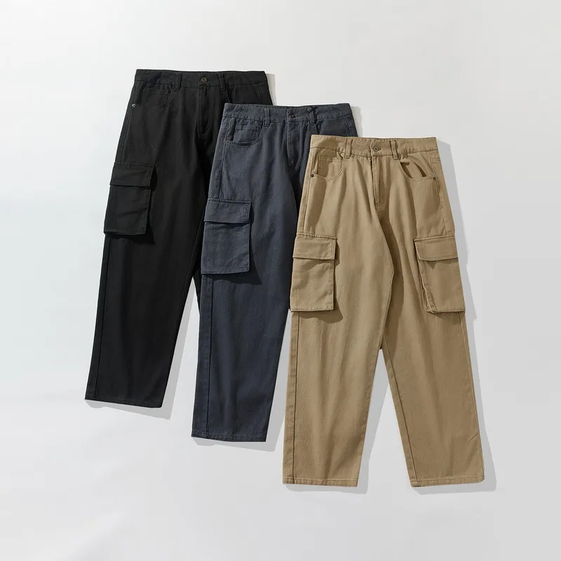 

Хлопковые рабочие брюки с завышенной талией, мужские свободные повседневные брюки с широкими штанинами, полностью хлопковые брюки в стиле ретро, японские молодежные осенние морские брюки