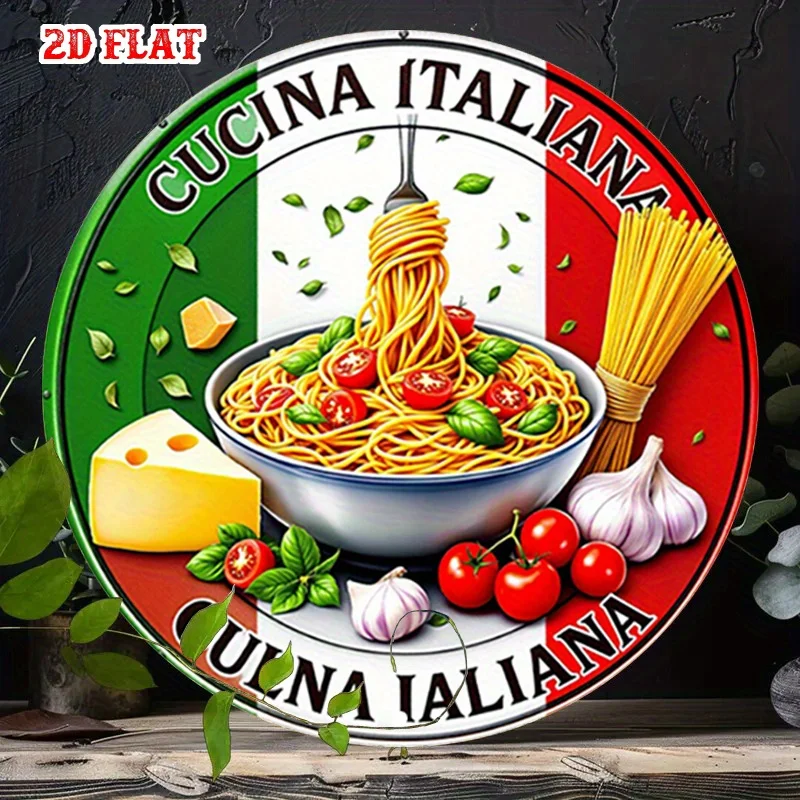 Letrero redondo de madera estilo italiano con la bandera italiana retro, 1 pieza, estilo rústico - Cucina Italiana