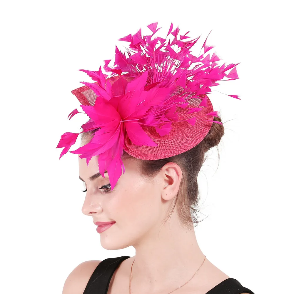 Sombrero fascinador elegante para mujer, accesorios nupciales para el cabello, plumas elegantes, Rosa caliente, hermoso