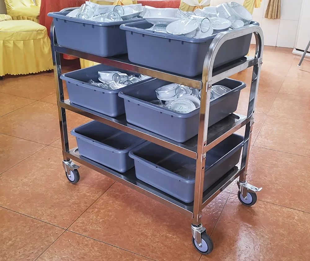 Commercial aço inoxidável chá servindo caminhões, Medical Food Trolley, Restaurante Cozinha Jantar e Hospital, 2024