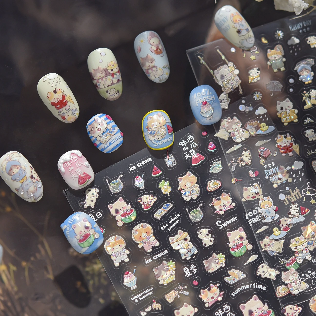 Kittens Eat Watermelon Cat Rainy Day Umbrella Daisy Cherry Ice Cream Dog Puppy Fence Nail Art Sticker Summertime Manicure Decals