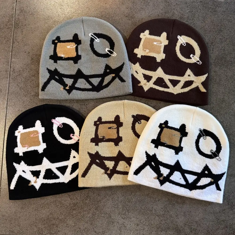 Bedruckte Mütze mit Muster, Winterwärme, hohe Elastizität, Geistermasken-Kappe, flaches Design, Acrylgarn, Dämonengesicht-Mütze – Detail 2