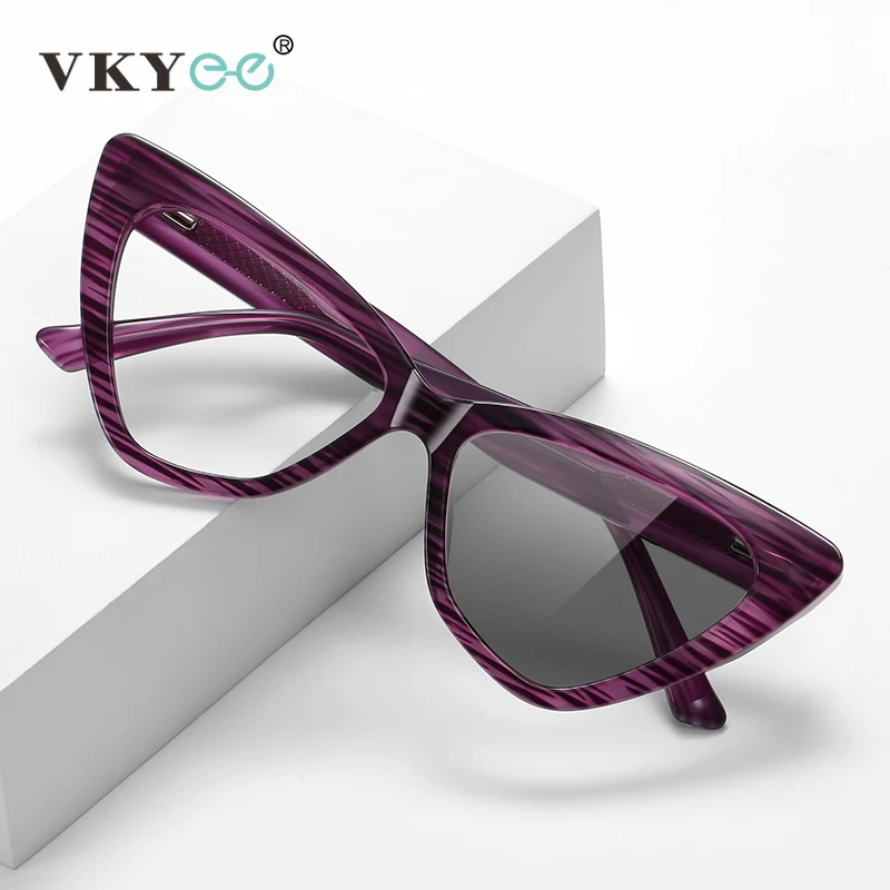 VKYEE Classic Cat Eye Transparent Stripes Anti-Blue Light Reading Glasses Women Customizable Photochromic Prescription LS030