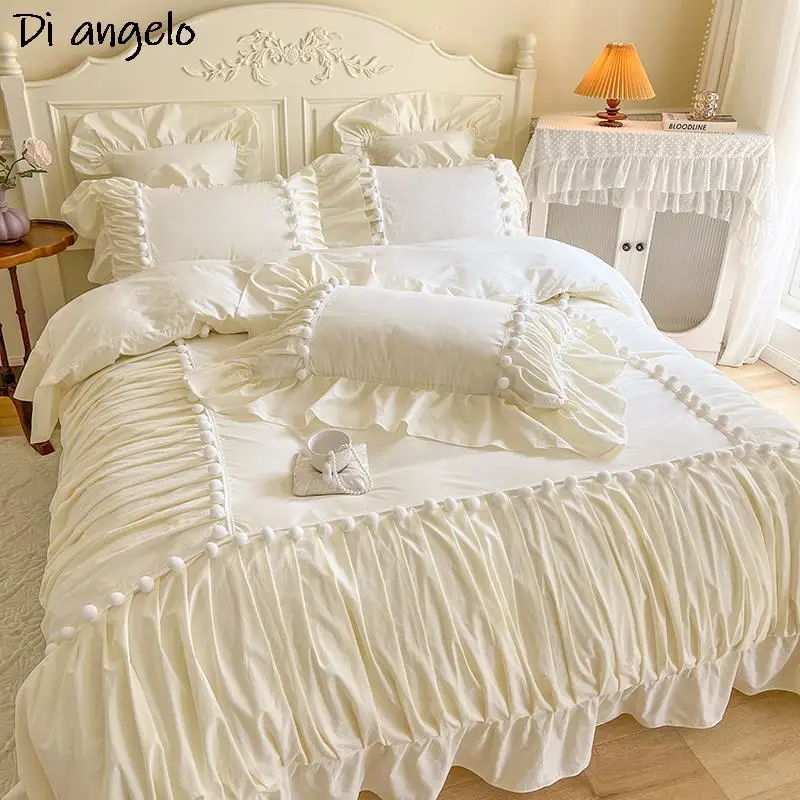 French Ruffled Pure Cotton Luxury High End Bedding Set Wedding Gift RU Europe Queen King Duvet Cover Bed Sheet Flat Sheet #/L