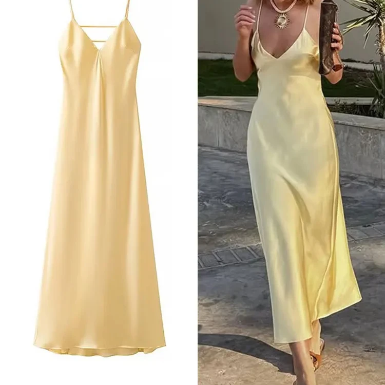 ผู้หญิงฤดูร้อนคราบสีเหลือง V คอชุดสลิง Elegant หลวม Maxi Robes 2025 ใหม่สุภาพสตรี Holiday Dresses