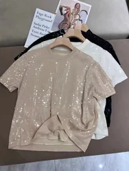 Summer 2024 Women Sequins Set Round Neck Short Sleeve T-Shirt or Elastic Waist A-Line Midi Skirt