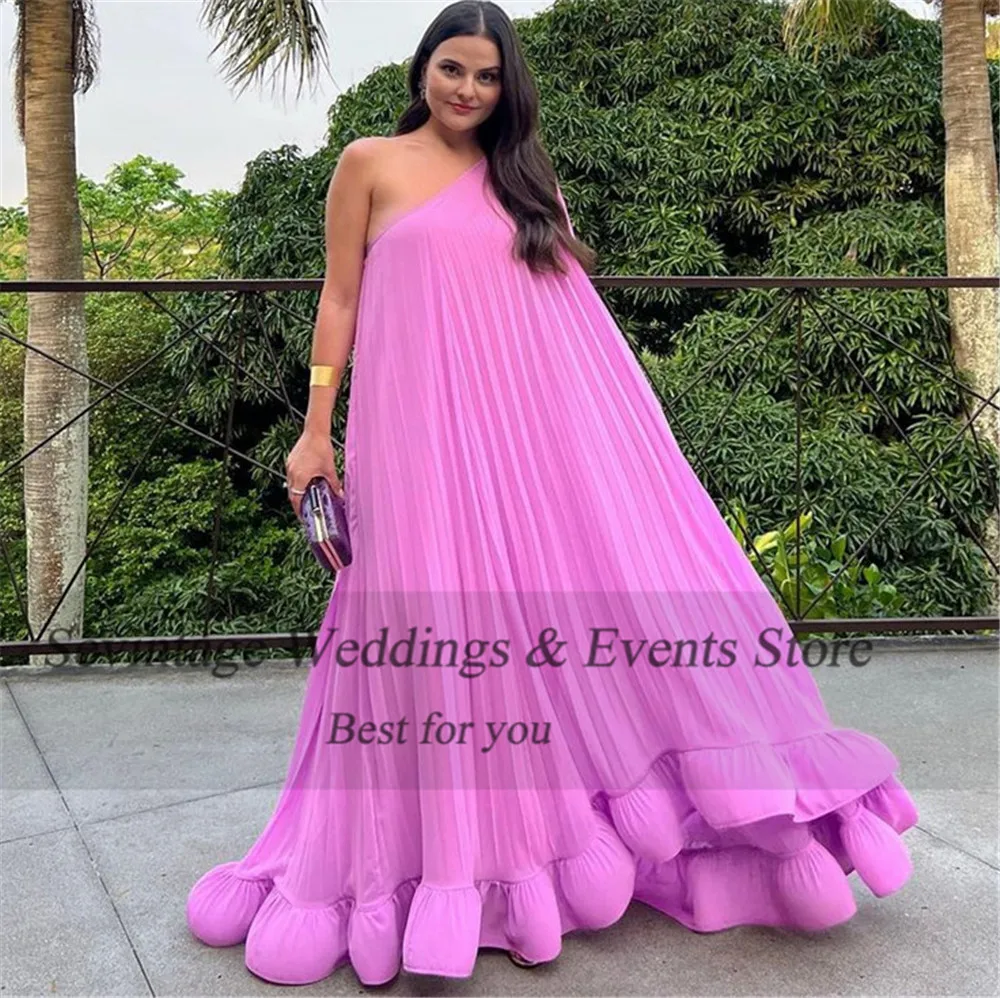 Customized Elegant Purple Prom Dress Chiffon Straight One Shoulder Crumpled Ruffles Formal Evening Dress Floor Length Party Gown