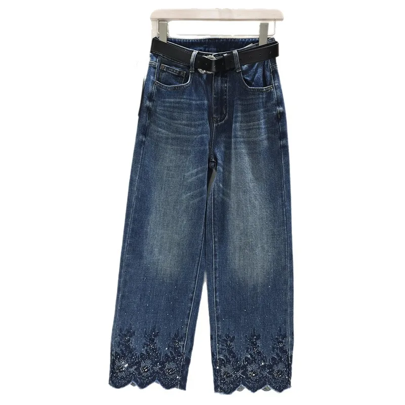 2026 New Autumn Embroidery Hot Diamonds Female Straight Jeans All-match Vintage Solid Color Washed Ankle-length Denim Pants