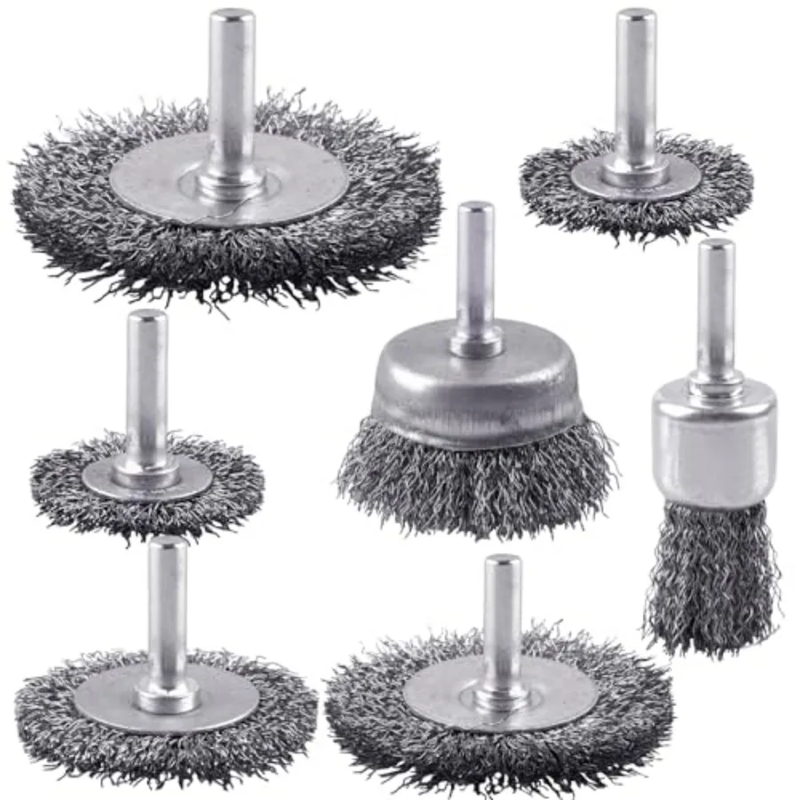 7-Pack Carbon Steel Wire Wheel Brush Set - Cup, Wheel, Pen Brushes with 1/4-Inch Round Shank for Rust Removal, Corrosion and Sc