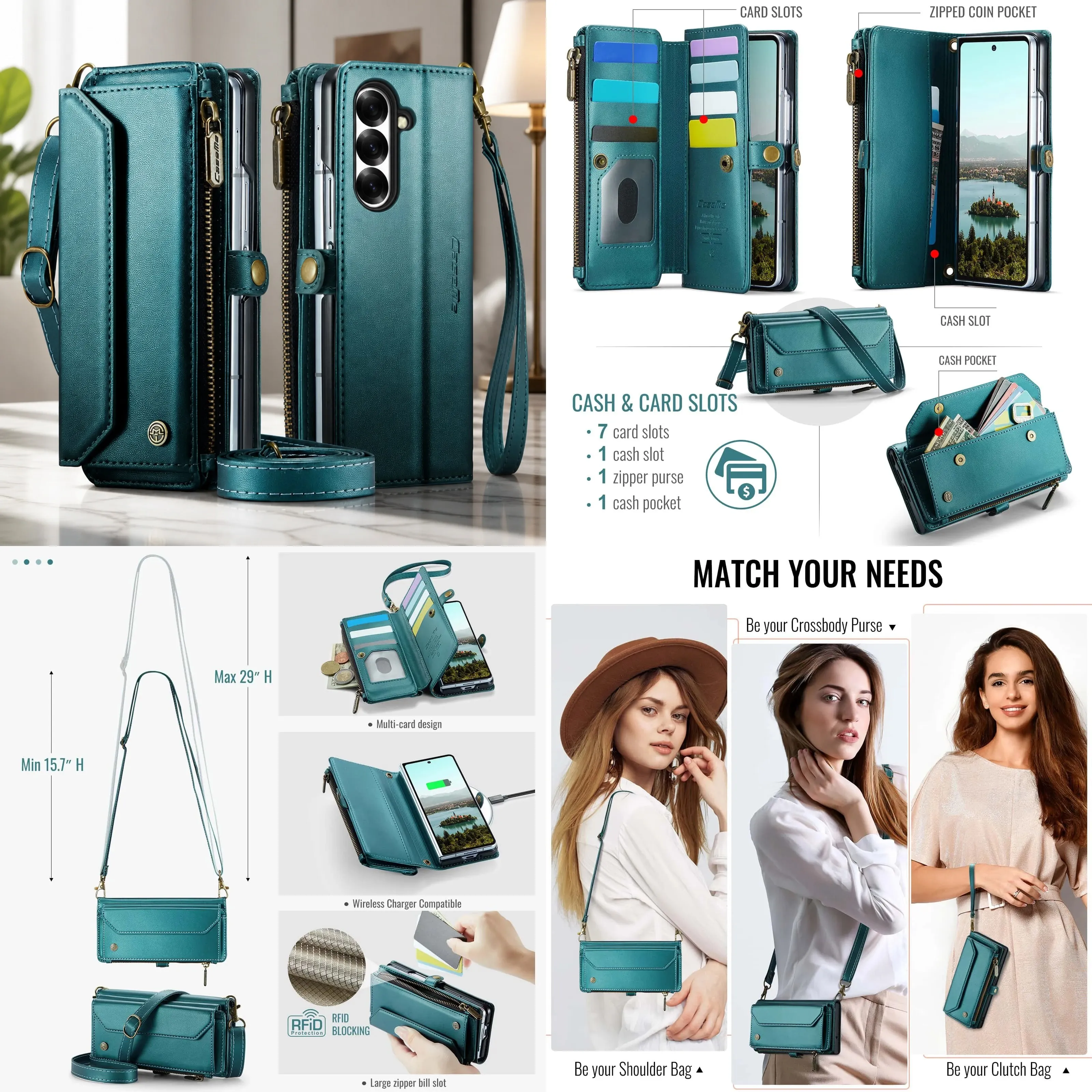 For Samsung Galaxy Z Fold 8 Case Crossbody Zipper Wallet RFID Blocking Card Slot Magnetic Leather Wristlet Flip Cover for Women