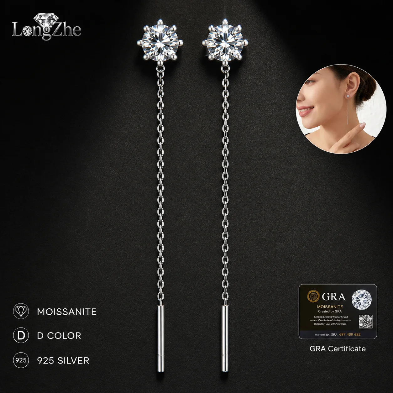 

Moissanite Threader Earrings for Women S925 Sterling Silver 0.5CT Round Cut Flower Stud Long Dangle Anniversary Jewelry Gift
