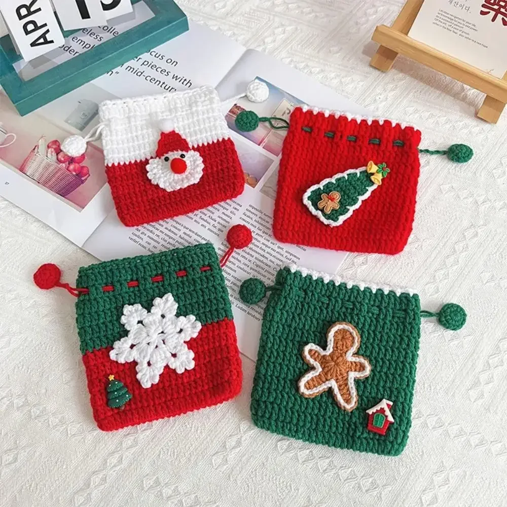 Christmas Gift Knitted Drawstring Bag Handmade Crochet Knitted Candy Biscuit Storage Bag for Kids Guests Xmas Gift Bags 2024