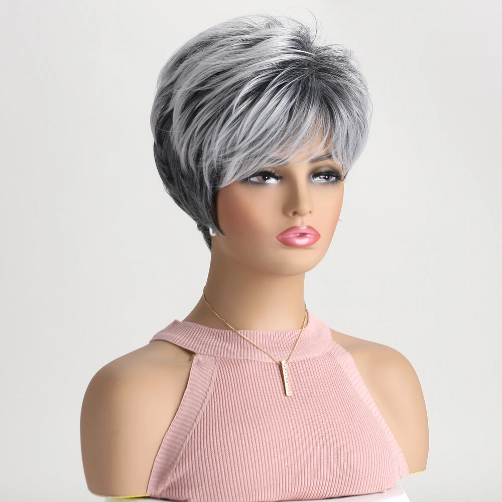 Short Natural Wigs with Bangs Soft Mommy Hair Daily Use Short  Grey Ombre Curly Synthetic Hair Costume Party Wig for Women