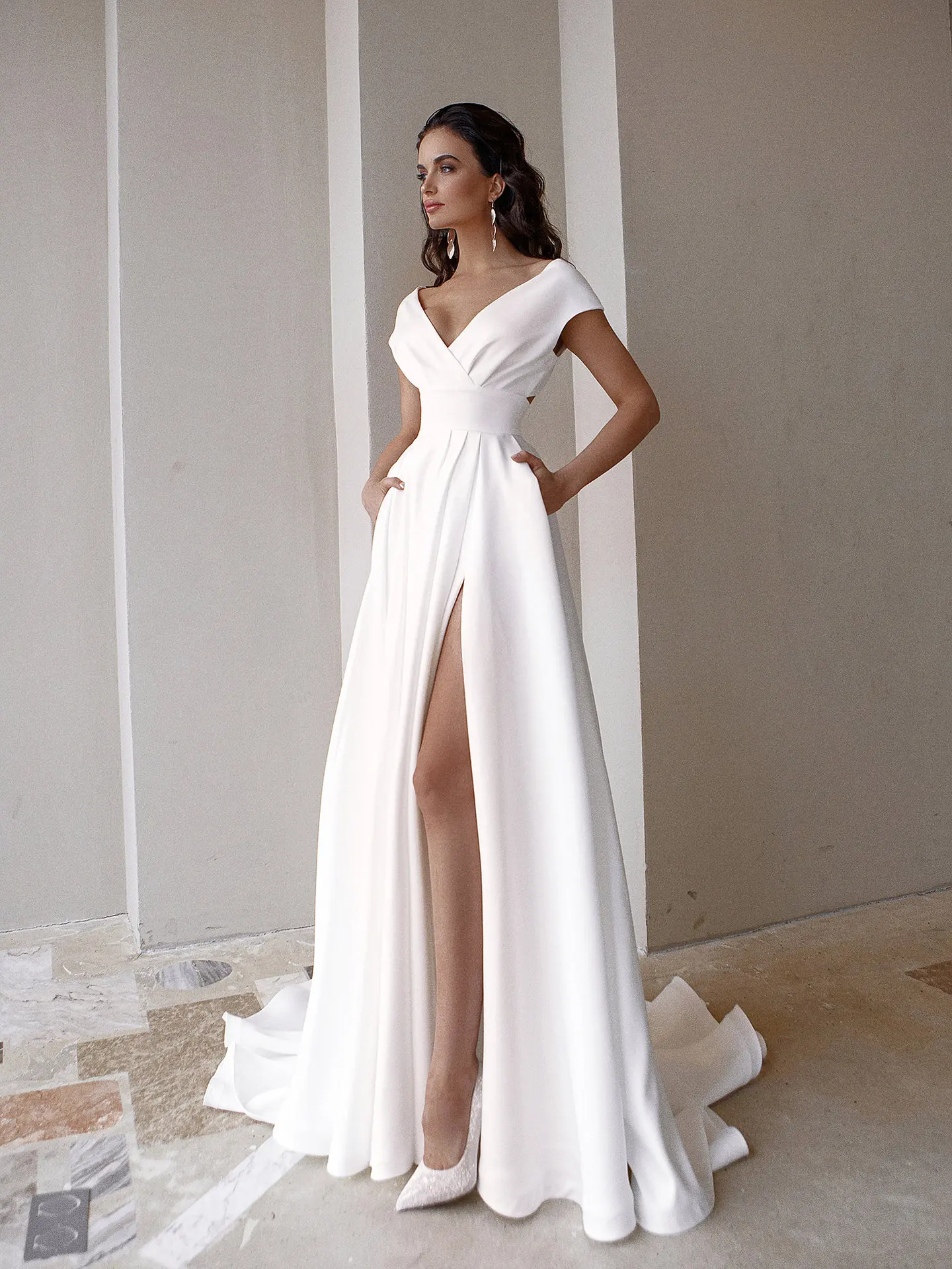 Prom Maxi Dress for Women Wedding Party Cloth V-neck Solid Backless Short Sleeve Mopping Long Skirt Vestidos Woman White Dresses