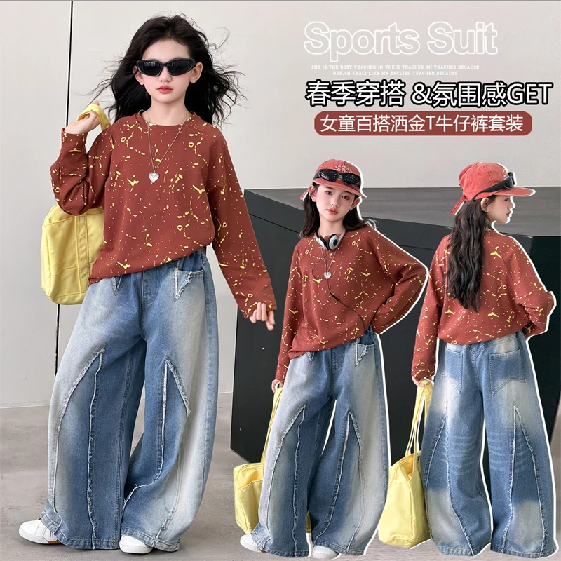 4-14Y Child Autumn Fashion Suit Tee+Jeans 2 Pieces Sets Spring Casual Clothing Set Tween Girl Y2K Style High Street Clothes Sets