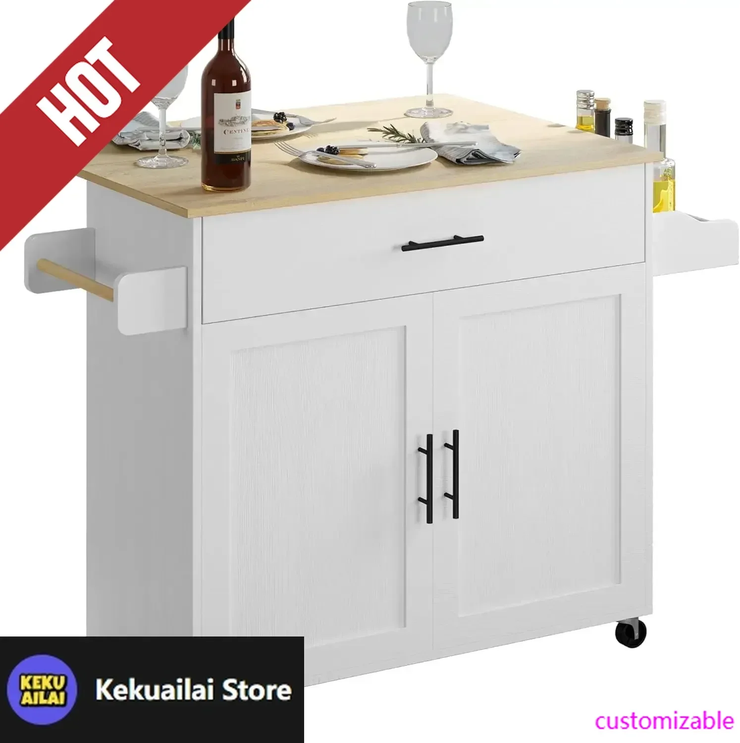 HOT-Rolling Kitchen Island Table On Wheels With Drop Leaf, Storage Cabinet, Drawer, Spice Rack, Towel Rack, Kitchen Cart, White