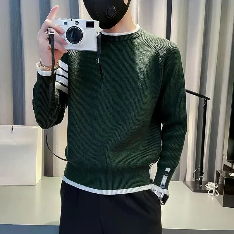 

Knit Sweater Male Pullovers Striped Men's Clothing No Hoodie Green Warm Korean Fashion Order Overfit Loose Fit Knitwears Style A