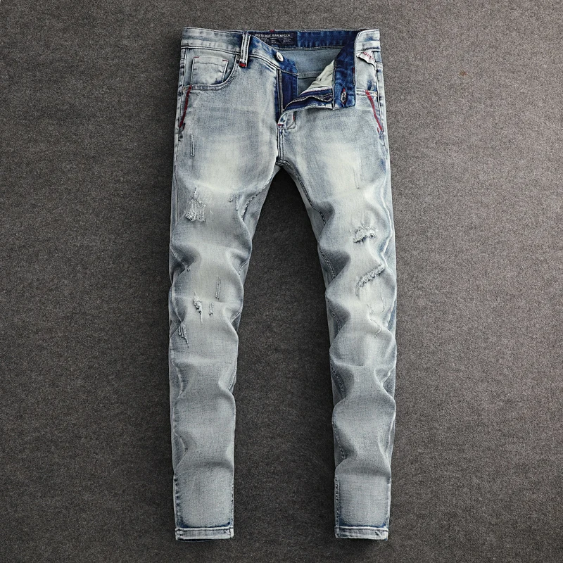 Street Fashion Men Jeans Retro Light Blue High Quality Stretch Slim Fit Ripped Jeans Men Patched Designer Vintage Denim Pants