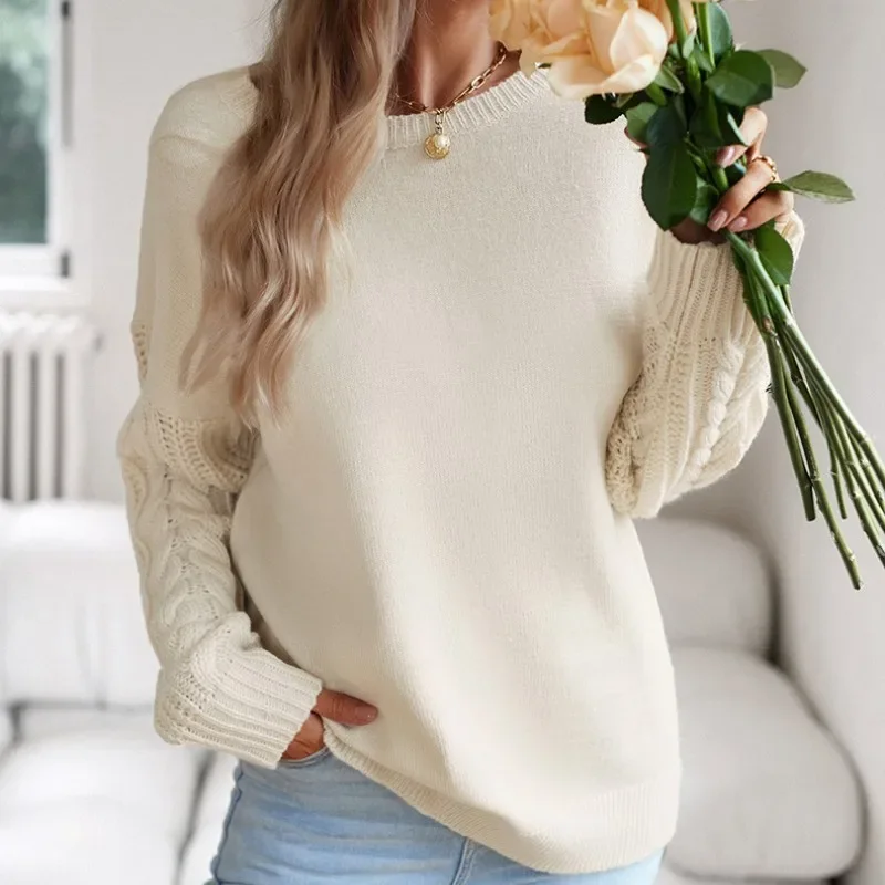 Pullover lavorato a maglia beige da donna Mujer Autunno Inverno Punto cavo Maglioni a maniche lunghe Moda femminile Causale O Collo Maglioni Top