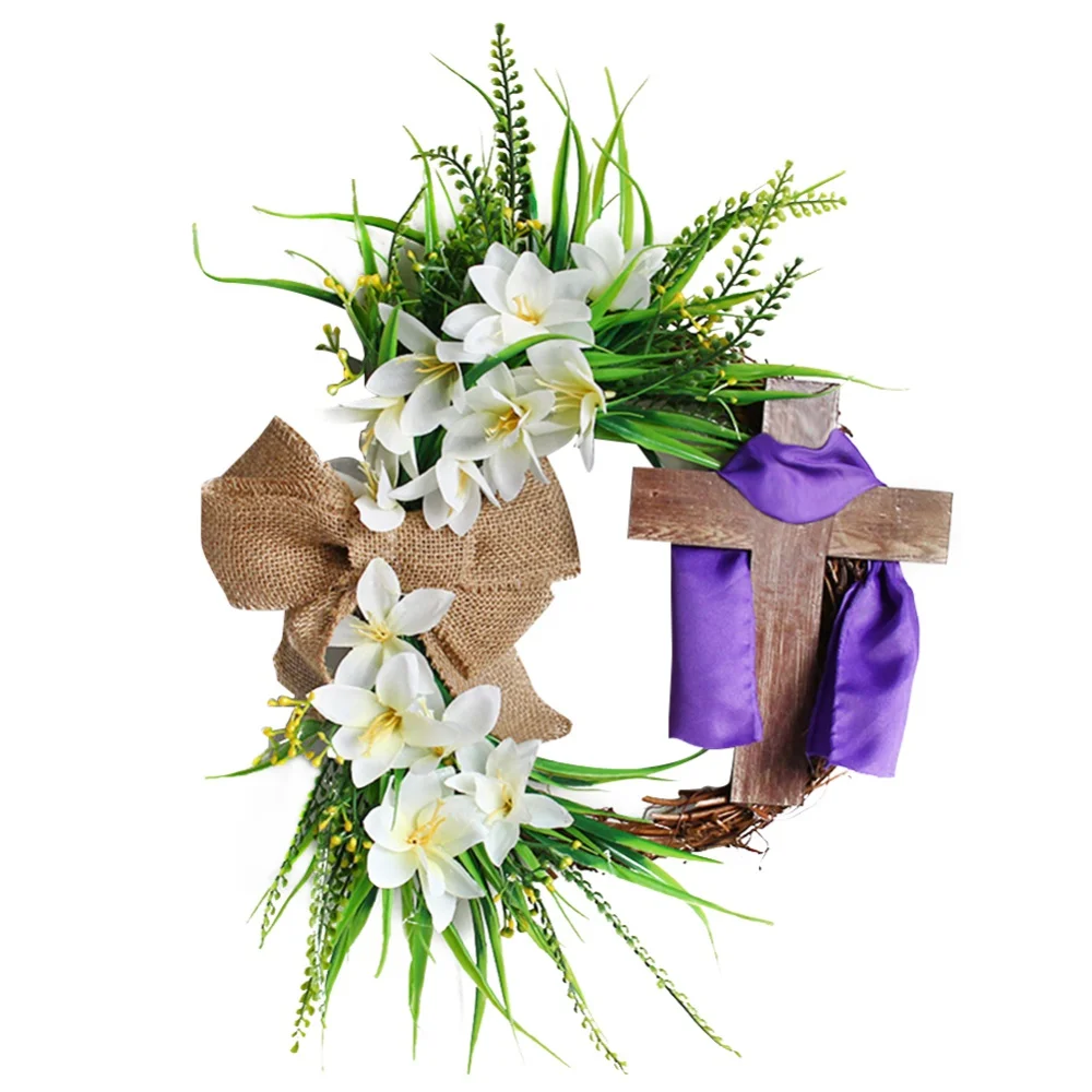 Easter Welcome Cross Wreaths Wooden Religious Ornament Garland Floral Rattan Wall Porch Sign for Front Door Indoor Holiday Decor
