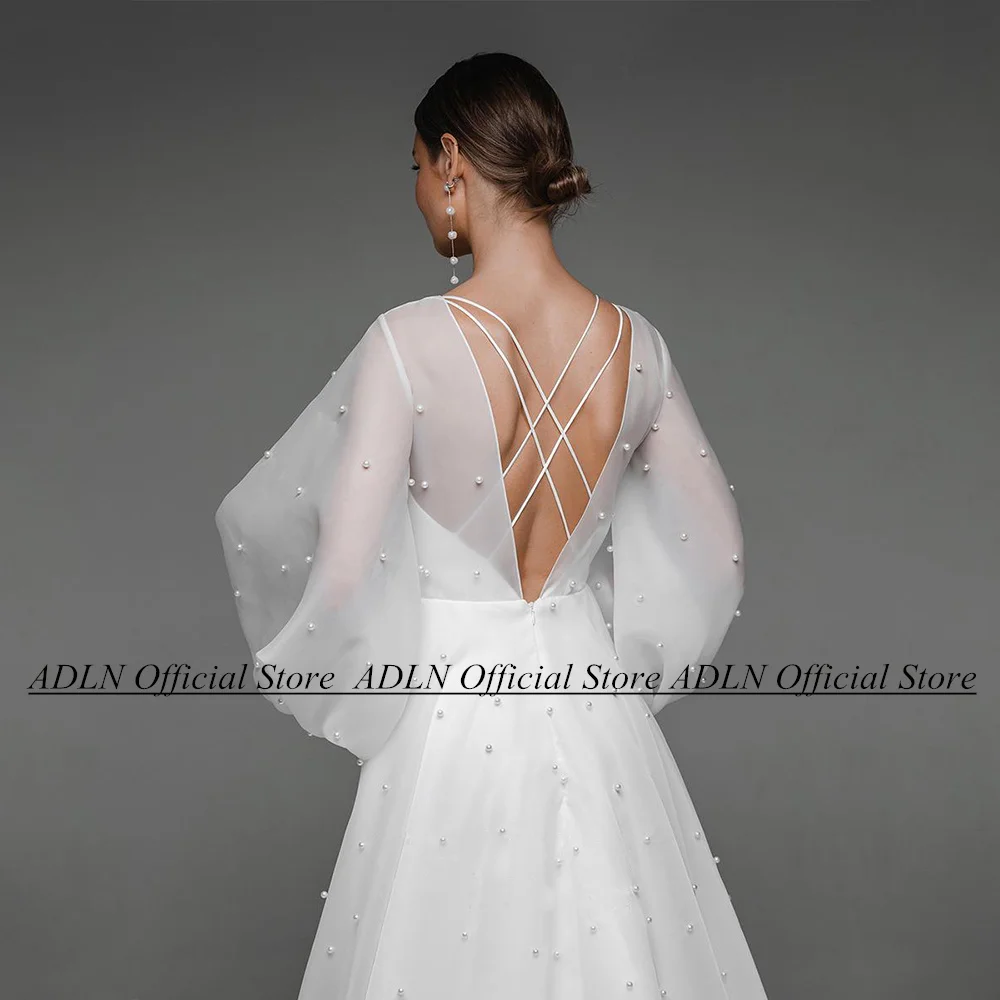 Customized Pearls Wedding Dresses Puff Sleeves Round Neck Back Criss Corss High Split A Line Organza Bridal Gowns Sweep Train