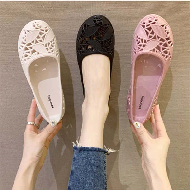 Lady Hollow Breathable Jelly Flats Mary Jane PVC Slip-Ons Soft Bottom Big Round Toe Wide Fit Moccasines White Pinkish 35-40 25cm