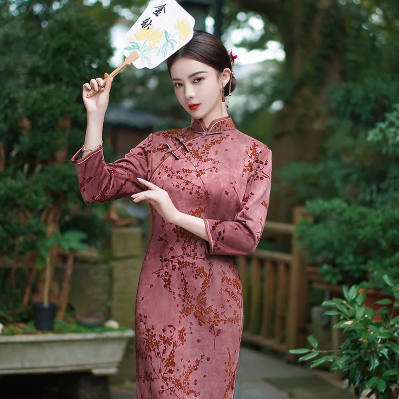 New Improved Velvet Cheongsam National Style Large Long Nine-Quarter Wedding Ceremony Banquet Mother Performance Dress